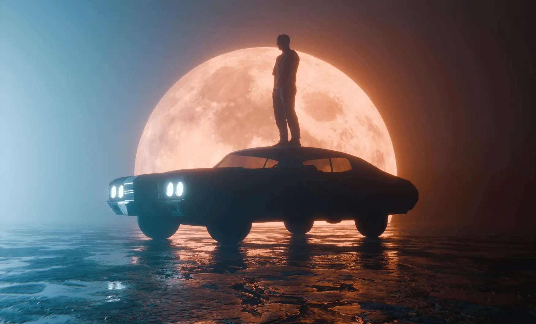 man standing on the car with the large moon in the background