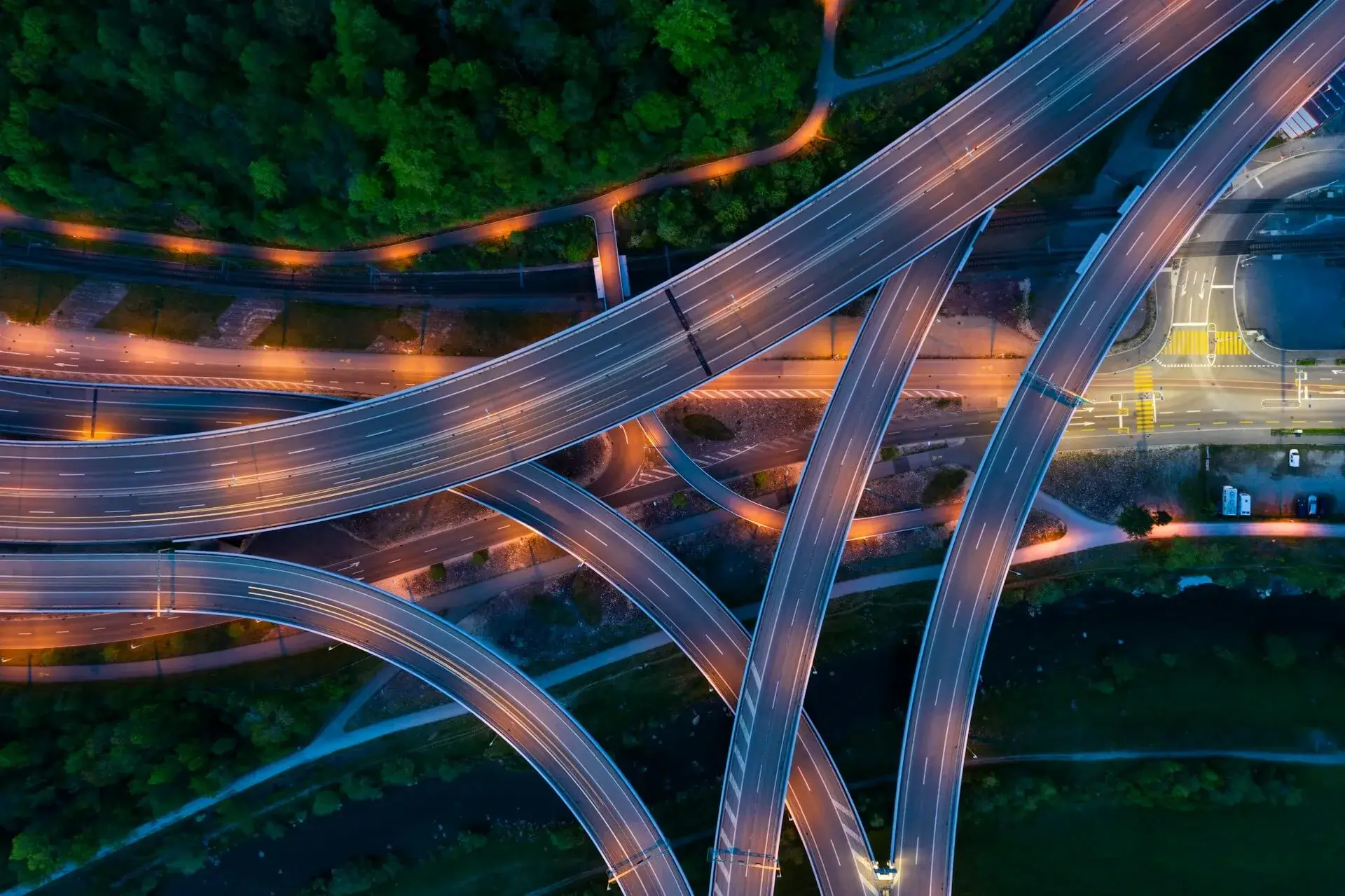 aerial view of city road network with lights